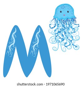 Medusa and the letter M. Funny alphabet for children with animals, for preschoolers learning letter