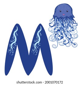 Medusa and the letter M. Funny alphabet for children with animals, for preschoolers learning letter