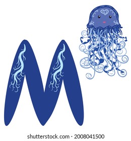 Medusa and the letter M. Funny alphabet for children with animals, for preschoolers learning letter