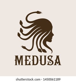 Medusa Logo Symbol. A Female Monster with with living venomous snakes in place of hair