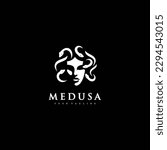 Medusa logo. Vector illustration of medusa face and snake hair on black background