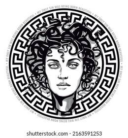 Medusa, mi único pecado fue nacer hermoso, mitología, feminismo, vector, dibujar, dibujo a mano,