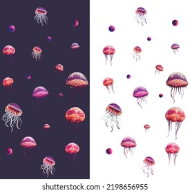 Patrón Medusa. En un fondo oscuro y claro. medusas brillantes, habitantes subacuáticos
