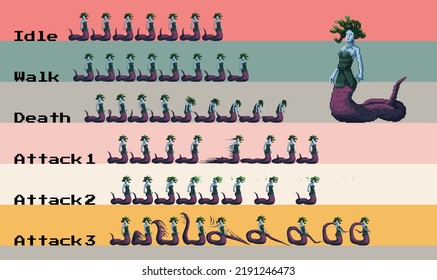 Medusa pixel art sprite Sheet Animation Charakter Zeichentrickanimation Zeichentrickfilm von Rahmen Vektorspiel bereit für die Verwendung laufen Angriff Angriff Angriff Verteidigung Leerlauf