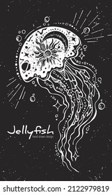 Medusa with a planet inside. Moon, stars and sun. Abstract freehand drawing