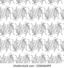 Medusa plant in a pot. Seamless pattern. Doodle sketch. Black outlines on white background. Trendy texture for digital paper, fabric, decorative backdrops, christmas wrapping. Vector illustration
