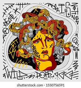 Medusa sculpture. Graffiti style with quotes. Vector hand drawn illustration. 
