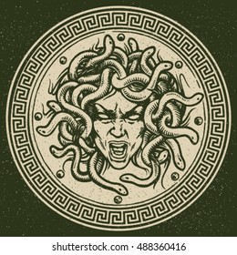 Medusa shield vector emblem.