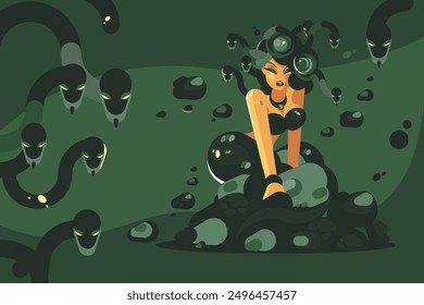 Medusa Snake Gorgon. Vector illustration of Medusa surrounded by snakes in a dark, eerie setting.