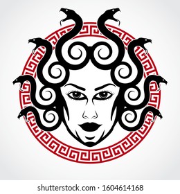 medusa snake heir woman head on greek ornament circle