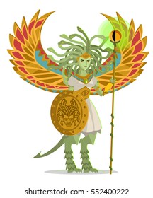 medusa sphinx winged creature with magic staff and shield and wings