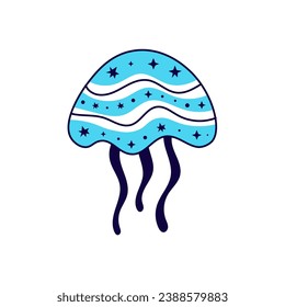 Medusa with stars in doodle style. Cute hand drawn jellyfish vector illustration. Celestial underwater sea and ocean wildlife creature on white background.