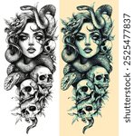 "Medusa Tattoo" design featuring the iconic figure with snakes entwined in her hair and multiple cracked skulls beneath her. The detailed black-and-white artwork embodies both beauty and terror