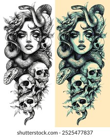 "Medusa Tattoo" design featuring the iconic figure with snakes entwined in her hair and multiple cracked skulls beneath her. The detailed black-and-white artwork embodies both beauty and terror