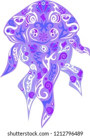 Medusa vector, sea animal, beast with a pattern, water creature, illustration of the inhabitant of the depths, the design of shells and anchors, floats to the top, ocean fauna, decor element,