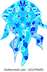 Medusa vector, sea animal, beast with a pattern, water creature, illustration of the inhabitant of the depths, the design of shells and anchors, floats to the top, ocean fauna, decor element,