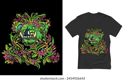 Medusa Vector with snakes and colorful flowers