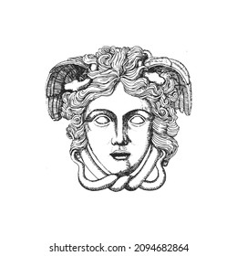 Medusa  vintage illustration in engraving style  Gorgo  Greek sculpture head  hand drawing in vector 