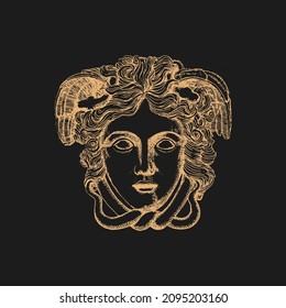 Medusa, vintage illustration in engraving style. Gorgo, Greek sculpture head, hand drawing in vector.