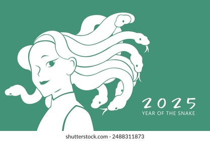 Medusa woman with snakes hair new year card. Beautiful woman with snakes hair portrait for chinese new year of the snake 2025. Lunar new year 2025 greeting card.