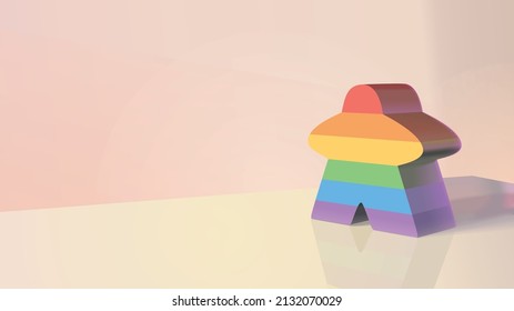 A meeple in the LGBTQ+ colours stood on a shiny table against a pastel coloured background.