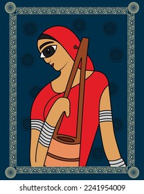 Meera bhakti painting. Indian culture modern art painting. Indian musicians painting in kalighat art. Vector, illustration, art, Painting.