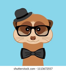 Meerkat boy portrait with glasses, hat and bow tie. Vector illustration.