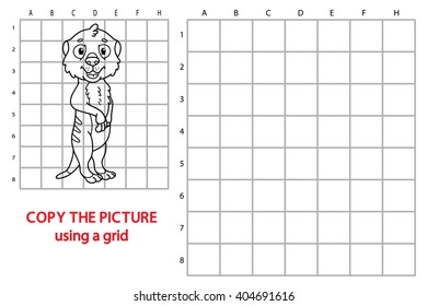 meerkat educational grid game. Vector illustration of grid copy educational puzzle game with happy cartoon meerkat for children