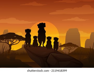 Meerkat family silhouette at savanna forest illustration
