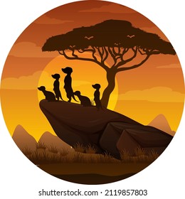 Meerkat family silhouette in savanna forest illustration