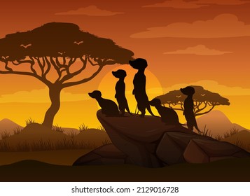 Meerkat Family Silhouette At Savanna Forest Illustration