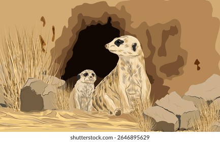Meerkat e seu filhote sentados na areia perto da entrada da toca. Paisagem vetorial realista