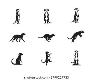 Meerkat Icon Set – Minimalist Flat Vector Silhouettes, Geometric Desert Mammal Logo Collection, Black and White Isolated Clipart