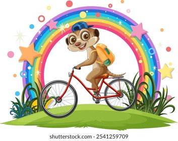 A meerkat rides a bike beneath a rainbow