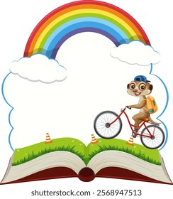 A meerkat rides a bike over an open book