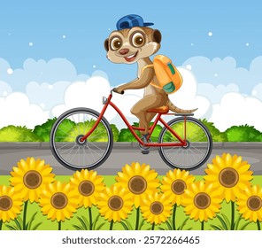 A meerkat rides a bike past sunflowers