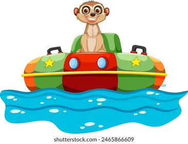 Meerkat in a vibrant toy boat on water