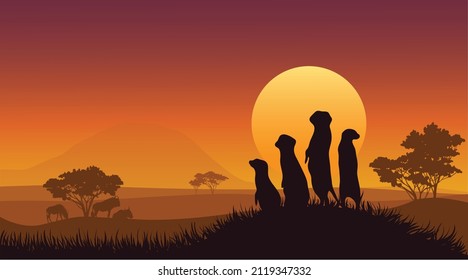 Meerkats in African Landscape at Sunset. Vector illustration of sunset, safari.