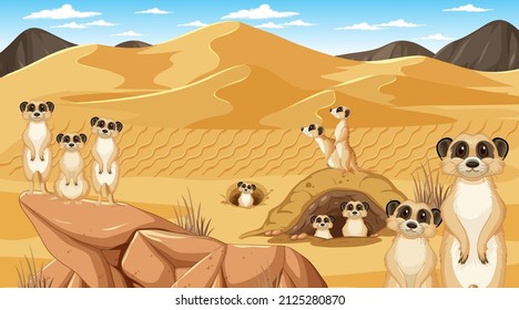 Meerkats in desert forest landscape illustration
