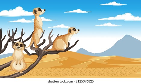 Meerkats in desert forest landscape illustration