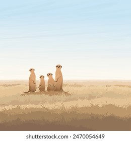 Meerkats family standing in savannah plains graphic illustrated have blank space.