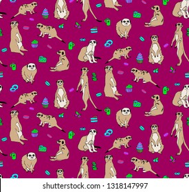 Meerkats and fruits, hand drawn backdrop. Seamless  pattern with cute fluffy animals. Dark red background vector.