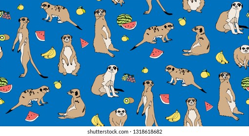 Meerkats and fruits, hand drawn backdrop. Seamless  pattern with cute fluffy animals. Blue background vector.