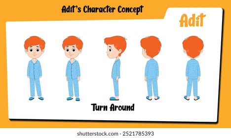 Meet Adit, the charming boy cartoon character in a night suit, featured in a detailed turnaround sheet! This versatile collection showcases his design from multiple angles.