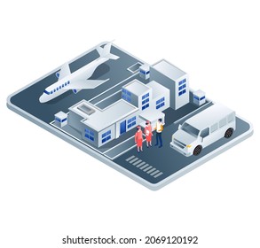 Meet at the airport with Air hostess in isometric illustration