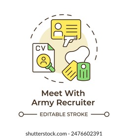 Meet with army recruiter multi color concept icon. Physical health, military specialty. Round shape line illustration. Abstract idea. Graphic design. Easy to use in infographic, presentation