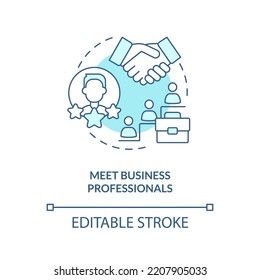 Meet business professionals blue concept icon. Building business connections abstract idea thin line illustration. Isolated outline drawing. Editable stroke. Arial, Myriad Pro-Bold fonts used