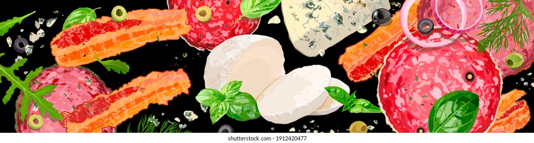 Meet and cheese background. Varieties of meat products, gourmet cheeses and verdure. Vector Illustration