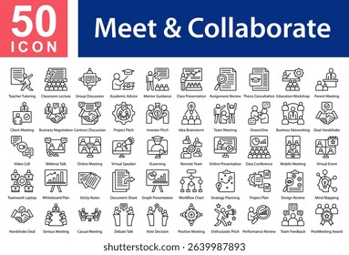 Meet and Collaborate Collection of Icons with Outline Style Containing: Teacher Tutoring  ,Classroom Lecture  ,Group Discussion  ,Academic Advice  ,Mentor Guidance  ,Class Presentation  ,Assignment