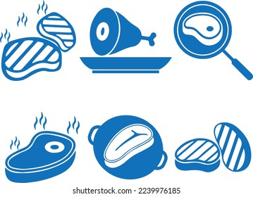 Conoce el conjunto de iconos cocidos, cocina de la carne conjunto de iconos vectorial azul